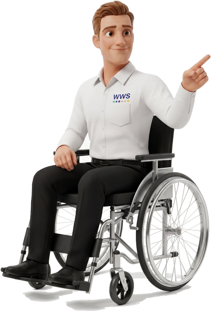 Personagem do Grupo WWS em cadeira de rodas apontando para o formulário